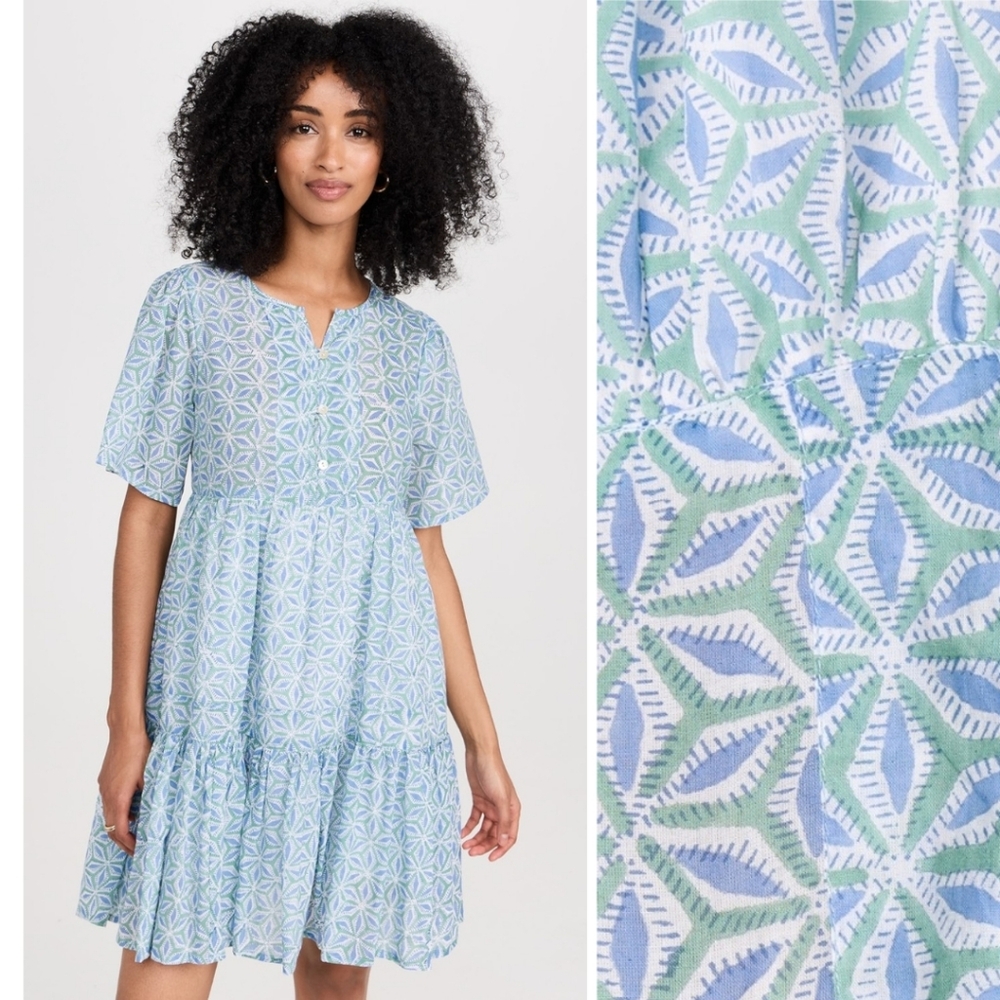 Tiered Short-Sleeve Printed Mini Dress in Light Blue and Green
